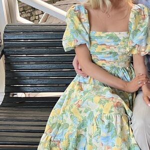 Abercrombie Floral Puff-Sleeve Square Neck Women's Dress in Pastel Yellow & Blue